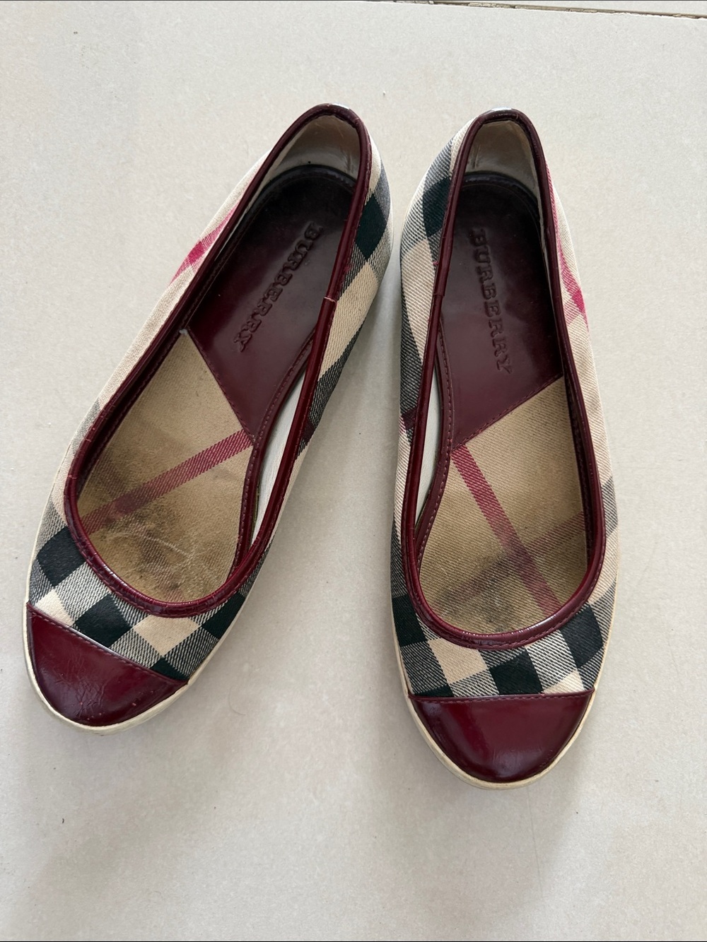 Burberry Canvas Plaid Ballet Flats with Burgundy Trim